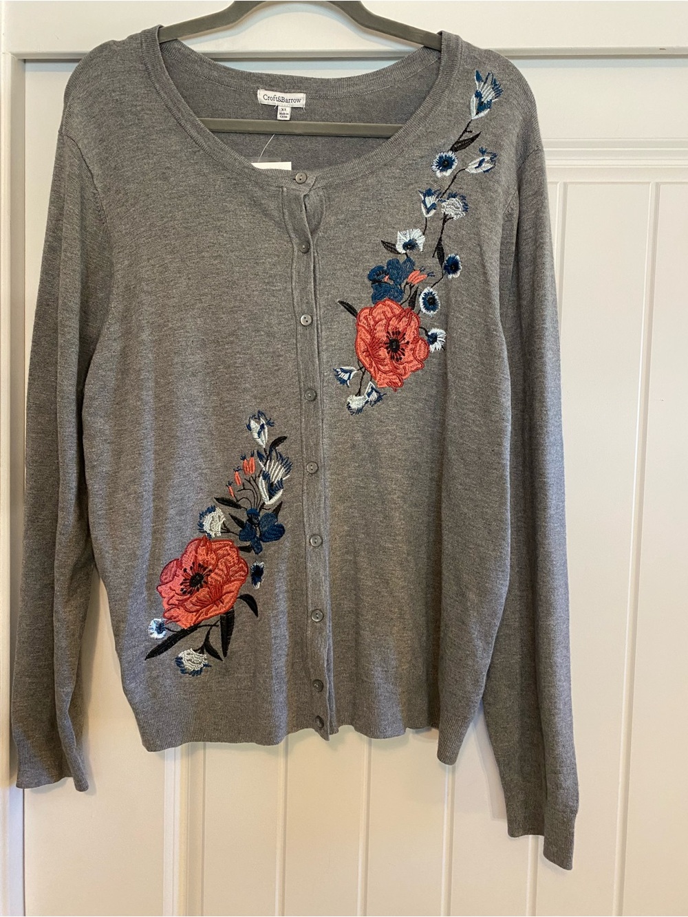 croft & barrow Gray Cardigan with Coral and Navy Floral Embroidery